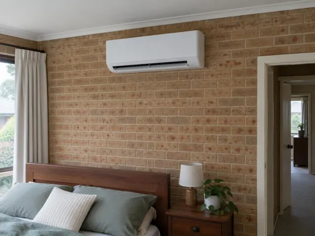 Wall-mounted split system above a bed in a brick bedroom with curtains in Aberfoyle Park